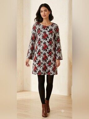 NWT Deadstock Sears Canada Floral Bell Sleeve A-Line Tunic Dress Grey Red XL